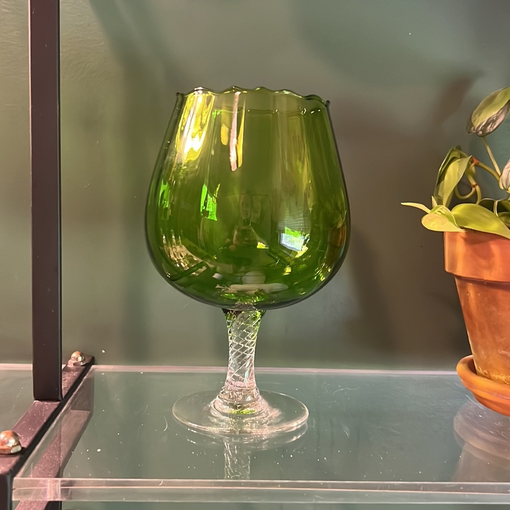 Vintage Green Italian Glass Ribbed Etch Crystal Pedestal Stem Brandy Wine Glass